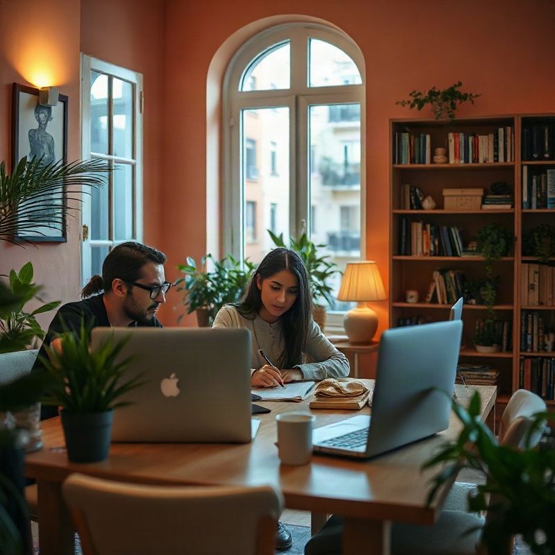 Tres personas trabajando juntas en un escritorio de tonos terracota y crema con libros y plantas al fondo