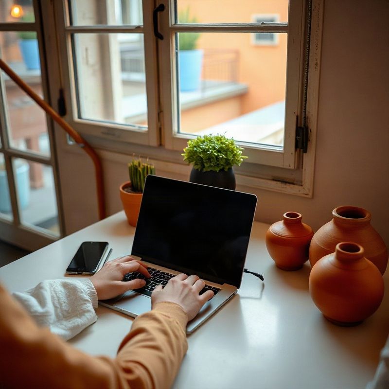 Persona escribiendo en una laptop sobre un escritorio color crema con objetos de cerámica terracota