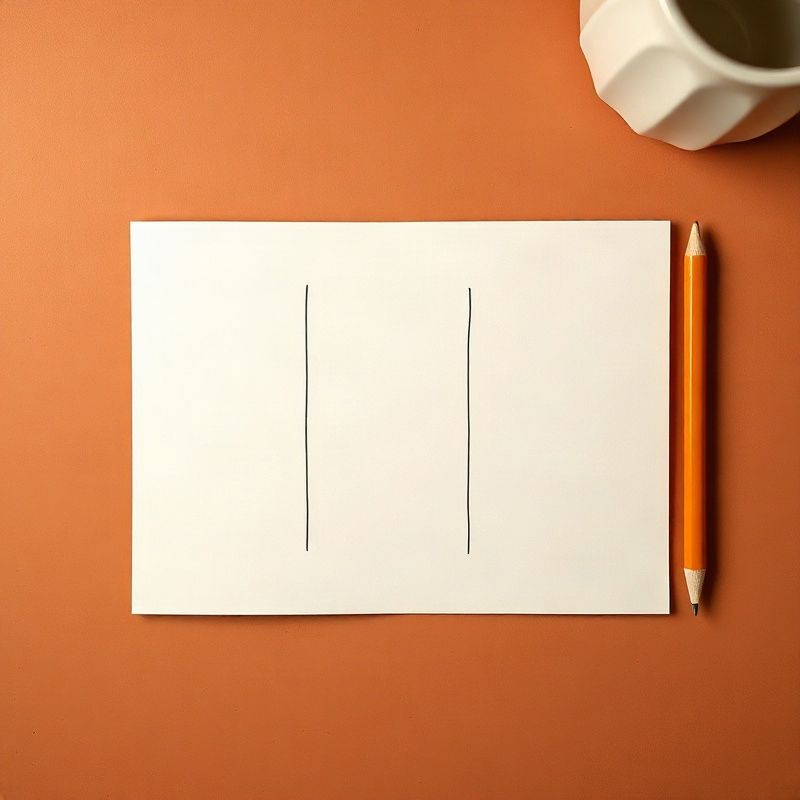 Cuaderno crema dividido en tres columnas dibujadas a mano sobre un escritorio de madera terracota