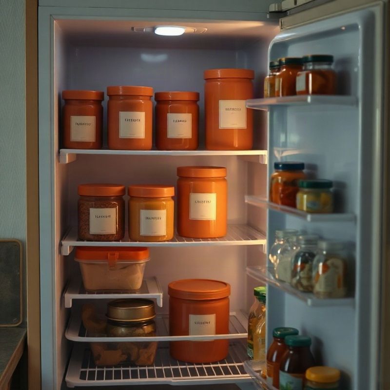 Interior de una heladera organizada con recipientes terracota y etiquetas color crema bajo luz suave de cocina